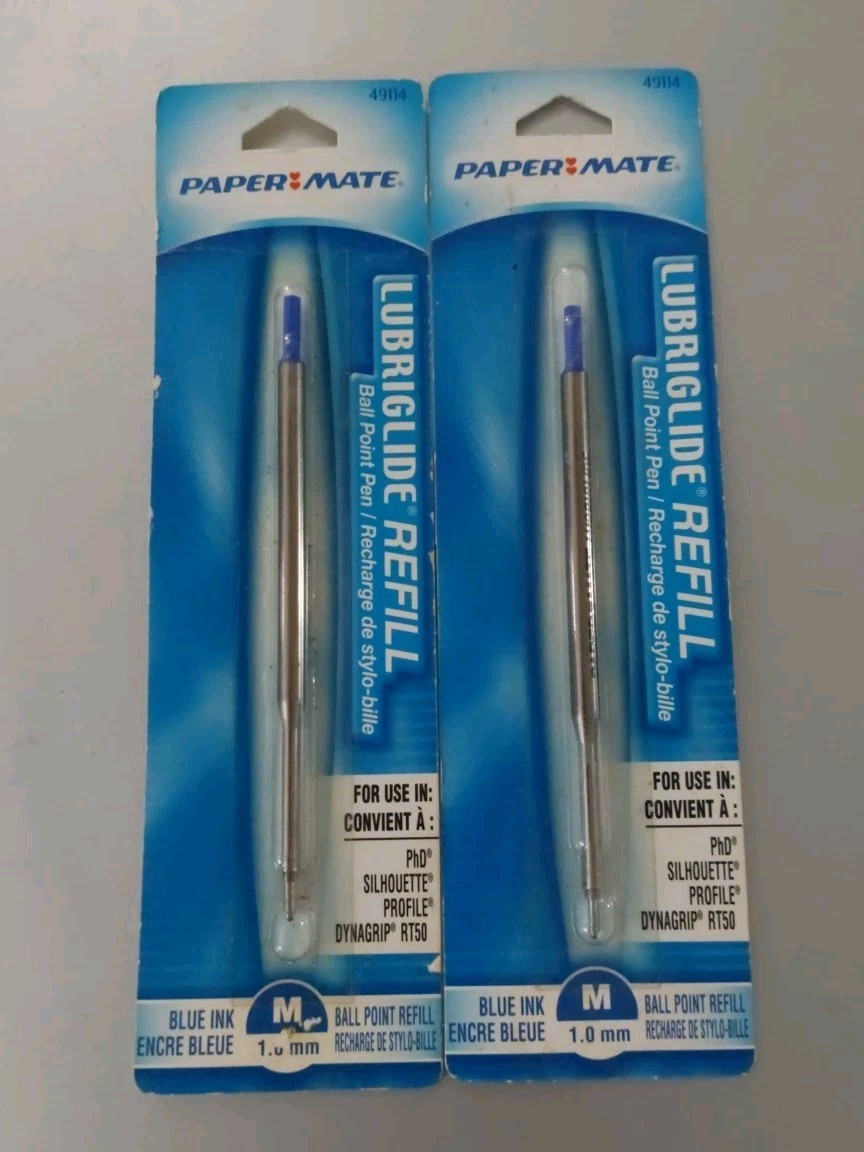 2X PAPER MATE Lubriglide Refill, Blue Ink, Medium Point, 49114, NOS Vintage