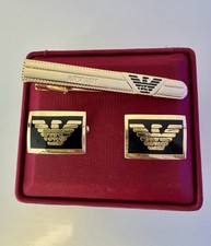 Armani Gold & Black Logo Cufflinks & Tie Clip Set In Red Box–Elegant Men’s Gift