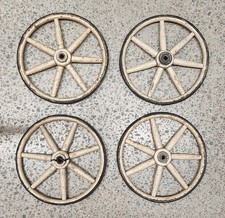 (4) Carrozzina passeggino antica primitiva rustica 8,75" legno 6 razze ruote passeggino
