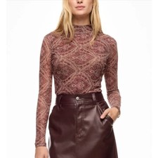 Ronny Kobo Mock Neck Mesh Top Paisley Brown Long Sleeve Sheer Sz L