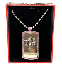 Ed Hardy Rose Dog Tag Necklace Pink Crystal Border 24” Chain Stainless Steel NEW