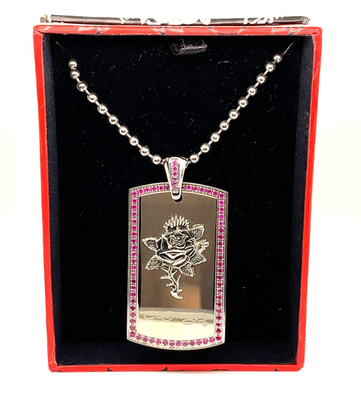 ED HARDY ネックレス ROSE/LKS CHARM NECKL Ed Hardy Rose Dog Tag Necklace Pink Crystal Border 24” Chain