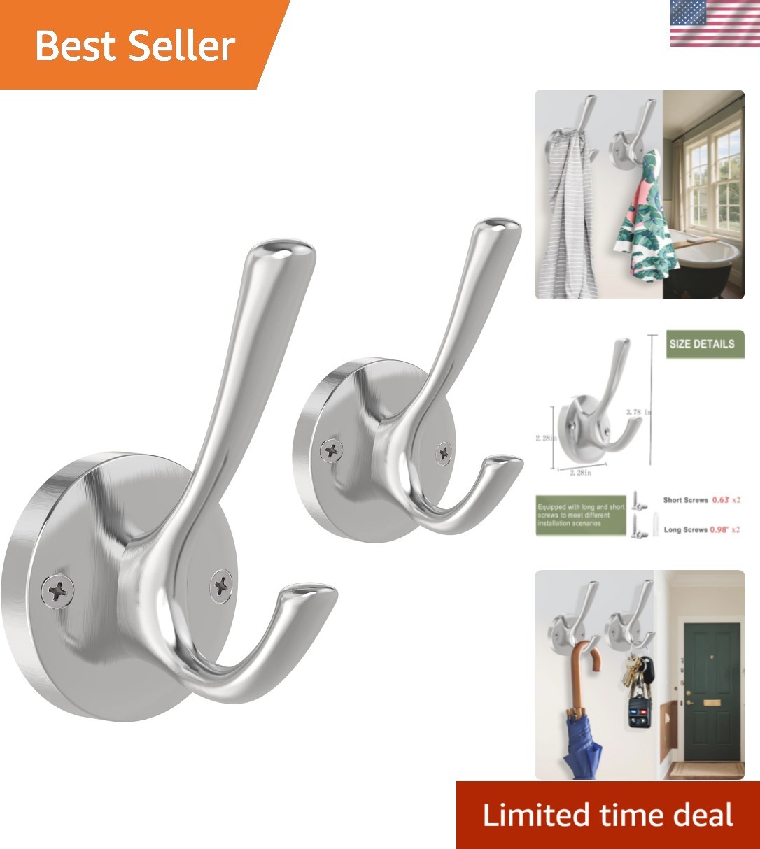 Wall Hooks Towel Hooks, 2 Pack Coat Robe Hook Heavy Duty Bat