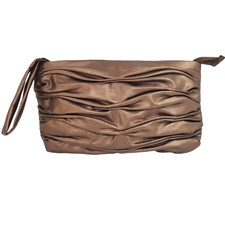 Metallic Bronze Gathered Pleated Ruched Clutch Purse Wristlet Zip Evening Bag