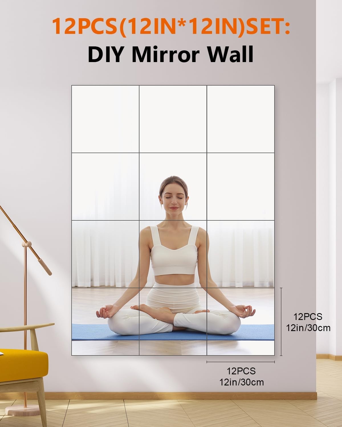 12Pack 12x12 Inch Acrylic Flexible Mirror Sheets Self-Adhesive Mirror Wall Tiles