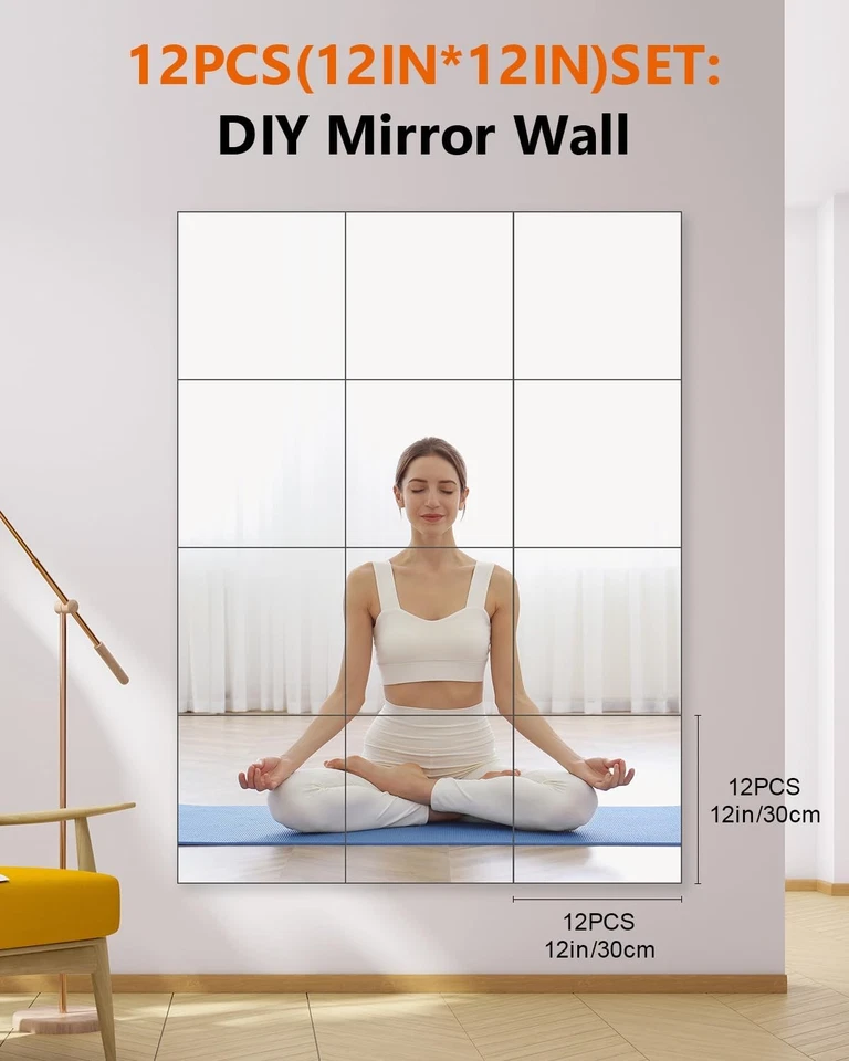12Pack 12x12 Inch Acrylic Flexible Mirror Sheets Self-Adhesive Mirror Wall Tiles - Image 2 of 4