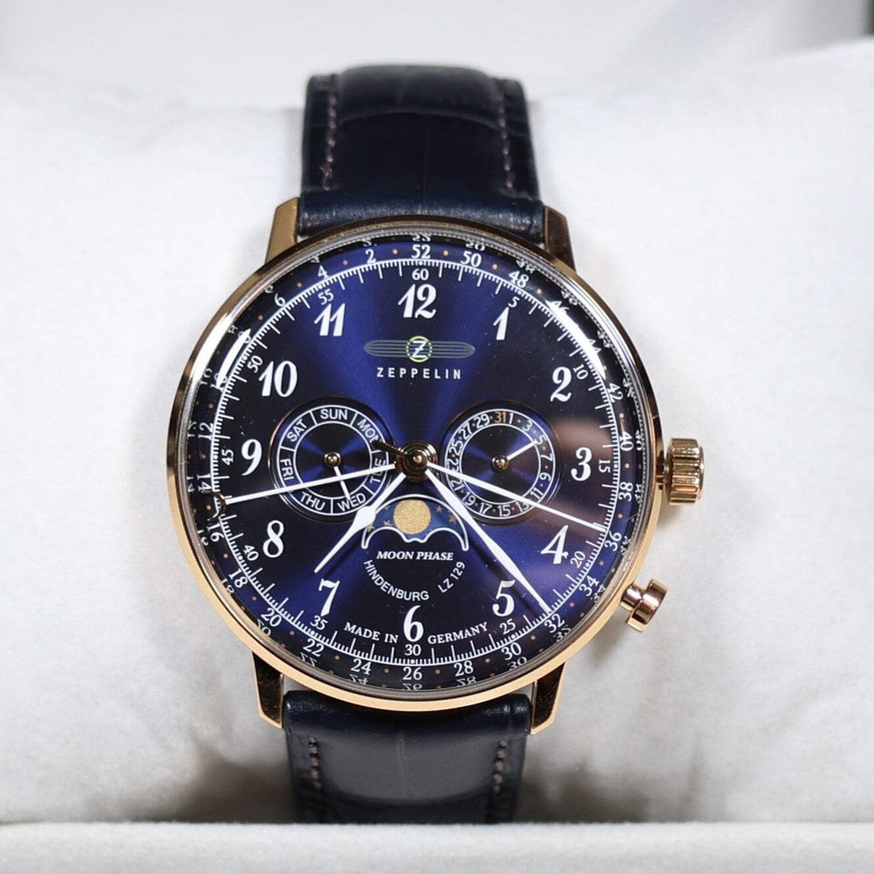 Zeppelin Orologio Da Uomo 7038-3 - Pelle Blu, Quarzo, Fasi Lunari