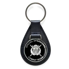 U.S. Army Special Operations Combat Black Leather Keychain Silver Keyring