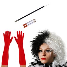 LADIES CRUELLA SET COSTUME HALLOWEEN DALMATIAN MOVIE VILLAIN FANCY DRESS