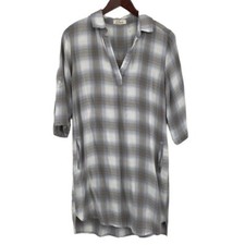 Elan Shirt Dress Women Size Small Gray White Plaid Rayon Half sleeve V-Neck Mini