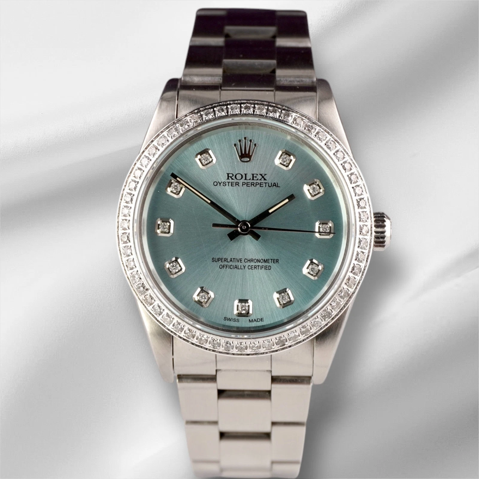 Rolex — Rolex 34mm Oyster Perpetual 1ct Ice Blue Diamond Dial Steel Watch 14010