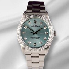 Rolex 34mm Oyster Perpetual 1ct Ice Blue Diamond Dial Steel Watch 14010