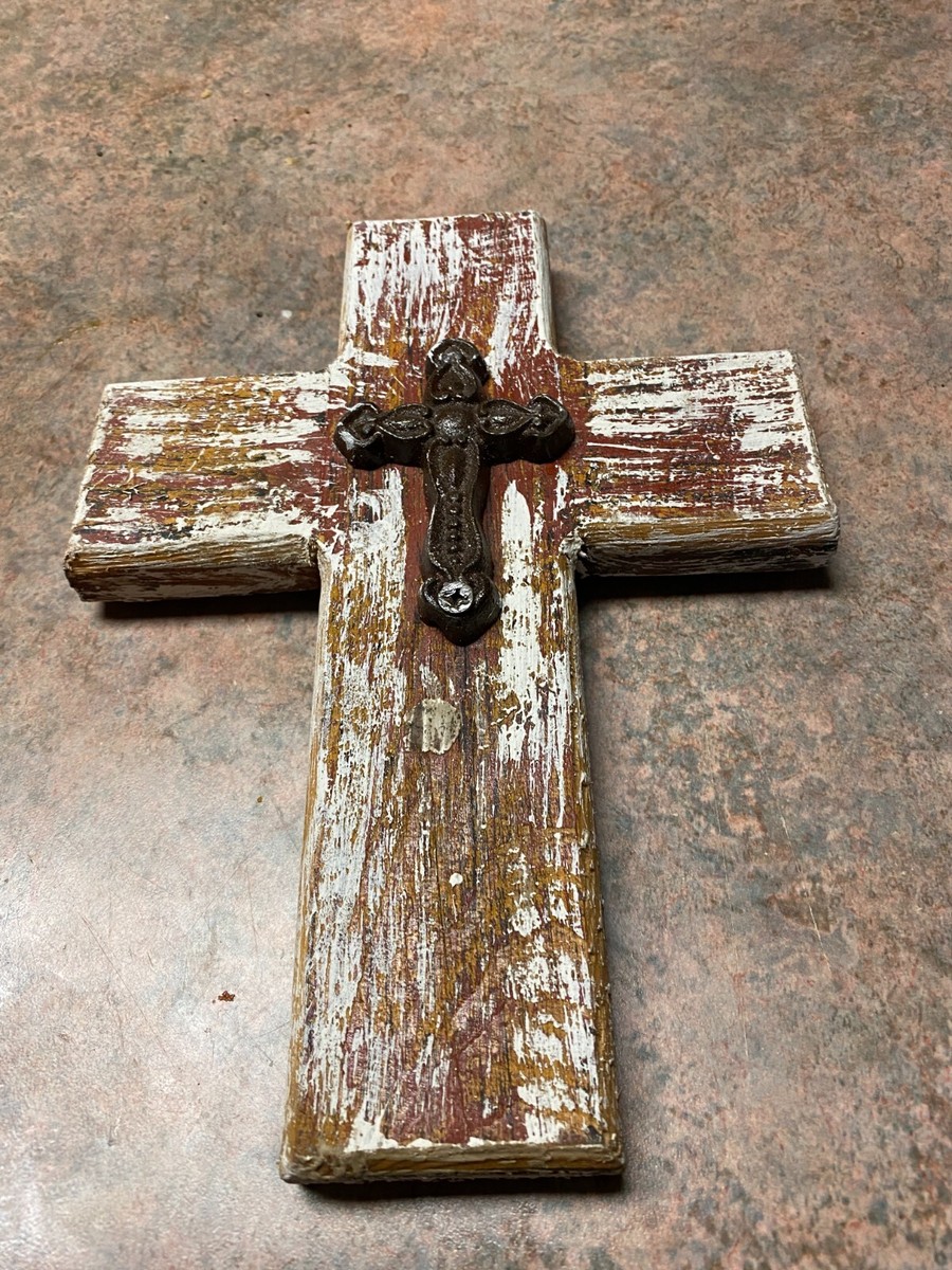 7 1/2 x 10 Metal and Wood Cross Wall Art Distress wood hand made