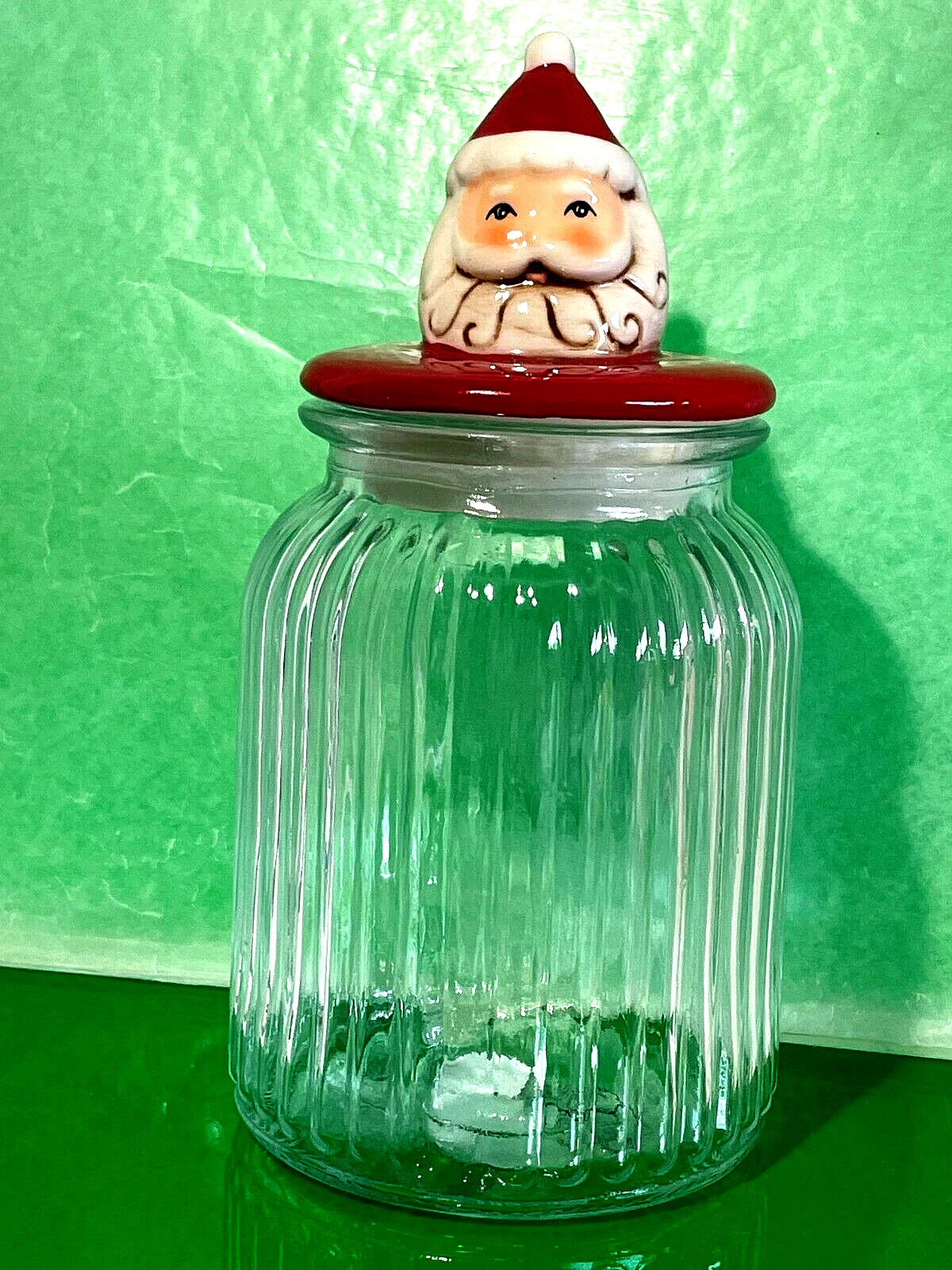 Vintage Santa Claus Glass Candy Canister Jar 9' X 4" Overall 6"x 4" Glass Jar