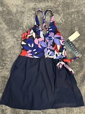 NWT Longitude Womans 1 Pc Swimsuit Faux Wrap Tankini Blue Multi Padded Bra Sz 10