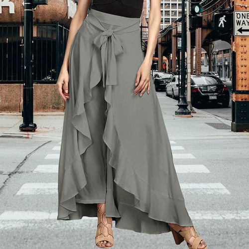 Women Chiffon High Waist Harem Pants Bowknot Wrap Belted Ruffle Frilled Palazzo - Picture 9 of 16