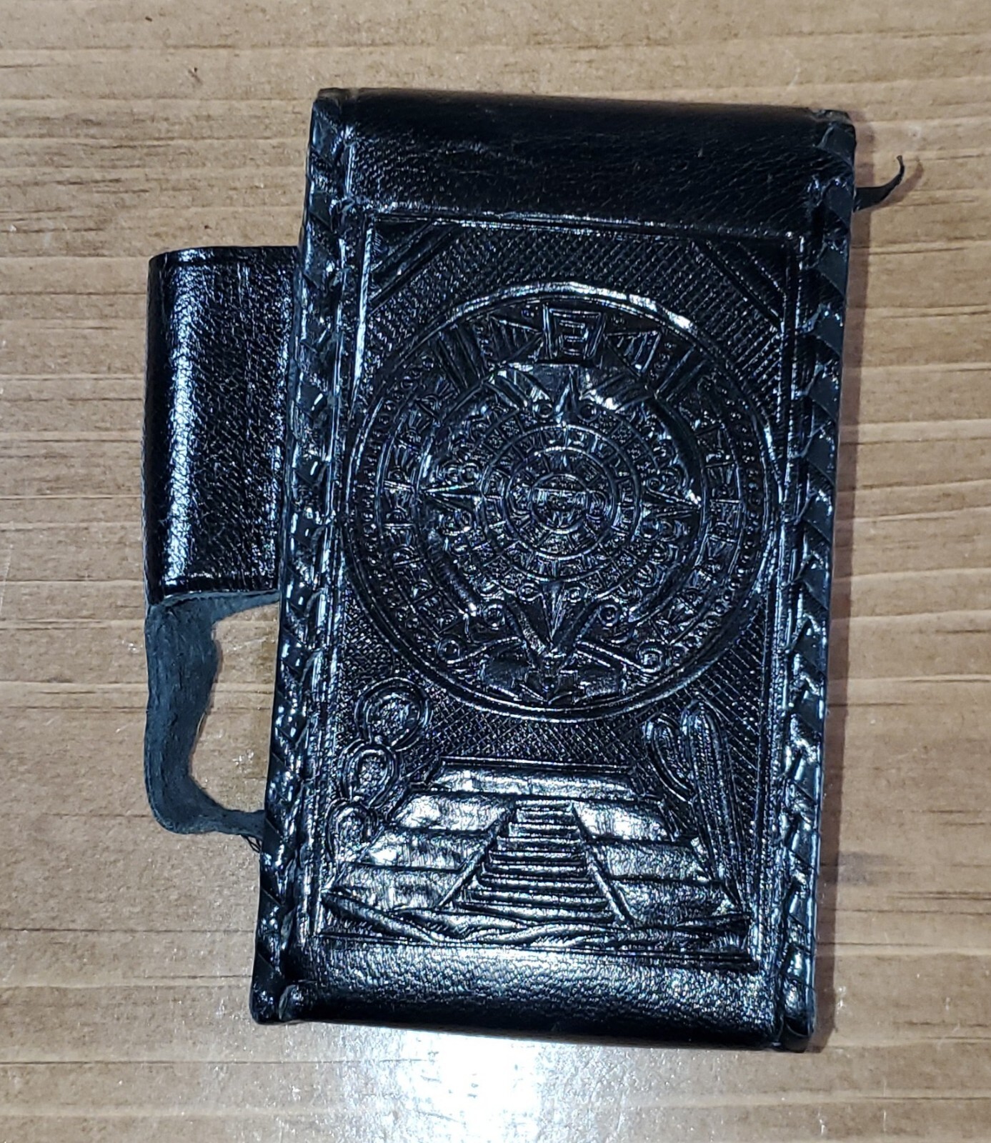 Vintage Black Leather Embossed Mexico Tooled Cigarette & Lighter Holder Case 
