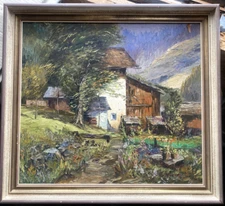 Alois Hernick *1870-1939 Oil Painting Glacier Alps Village Alm Signed Frame
