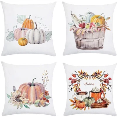 4Stück Herbst Kissenbezug Kürbis Erntedank Halloween Dekoration Leinen - Bild 1 von 4