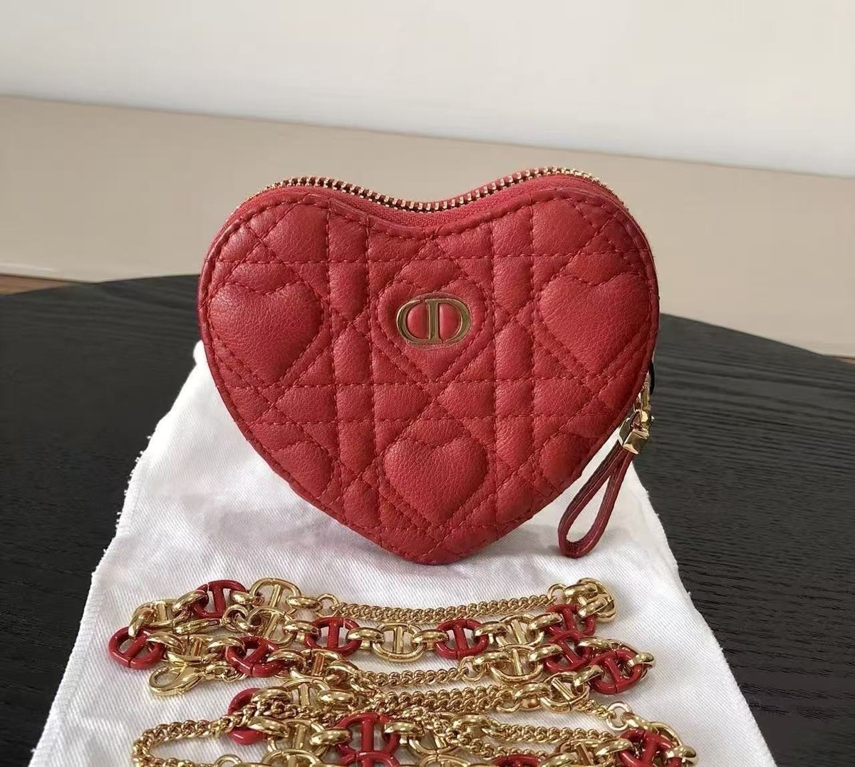 Christian Dior Caro Heart Women's Chain Shoulder Bag Pouch Leather