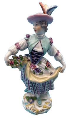 Beautiful Meissen Germany Cross Swords Victorian Lady Carrying Basket of Flowers