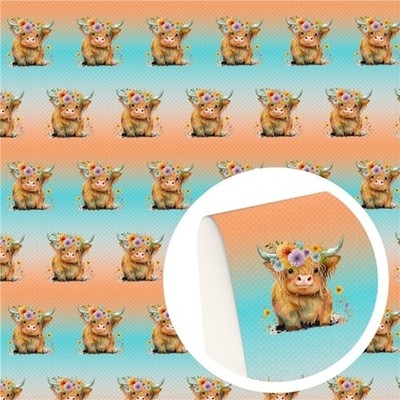 Highland Cow wildflower FAUX LEATHER SHEET 8'' x 12'' 1221781 SMOOTH TEXTURE