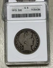 1915 Barber Silver Half Dollar, ANACS G6, Key Date, Free Shipping, (D)
