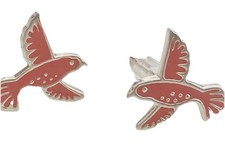 925 sterling silver and red enamel small bird stud pierced earrings
