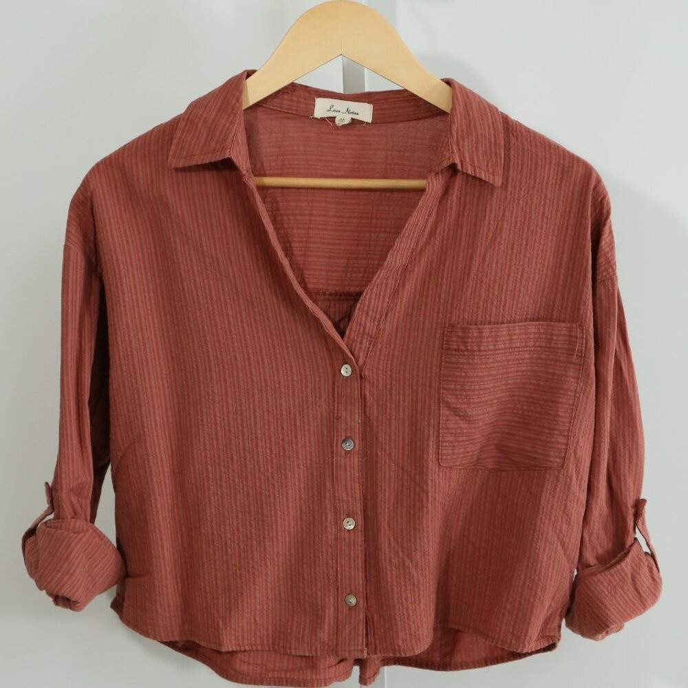 Love Notes Button Front Striped Blouse Rust Brown… - image 1