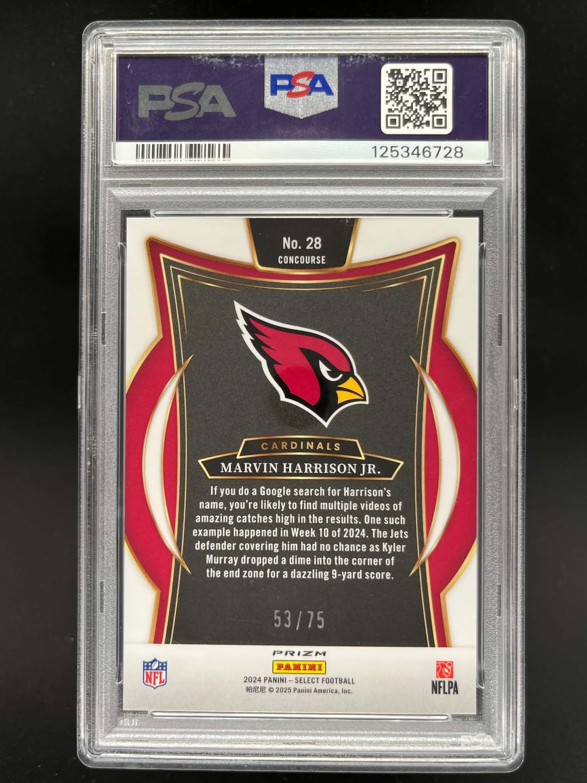 2024 PANINI SELECT MARVIN HARRISON JR. CONCOURSE PURPLE PRIZM 53/75 RC PSA 10 view 2