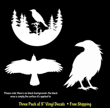 Crow Raven Three Pack of 5" White or Black Vinyl Decals Car Truck Van Windows