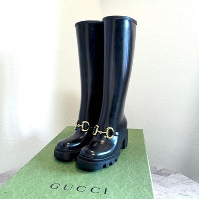 GUCCI Horsebit Rubber Long Boots Black Size 34 EU (US 4-4.5) Unused 061155d