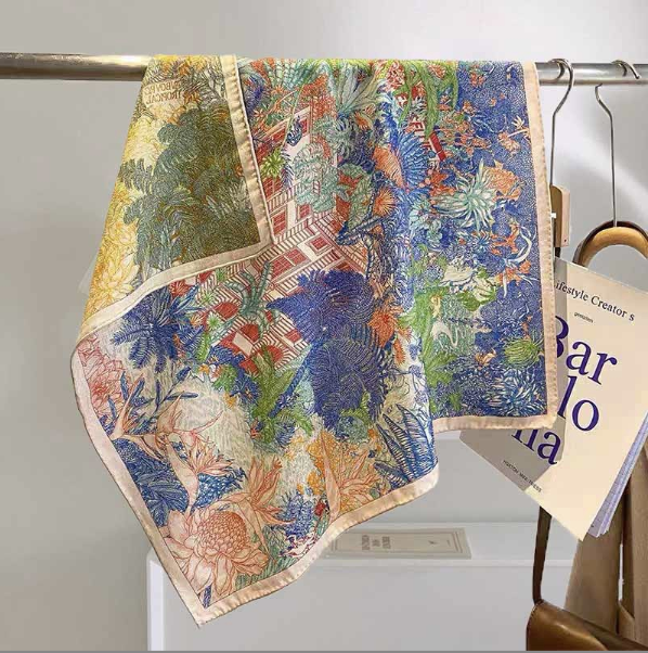 70% Cashmere 30% Silk Shawl Scarf Neckerchief 26'' Bandana rainforest Print Wrap