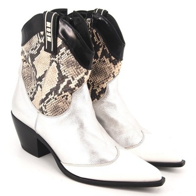 MSGM Western Ankle Boots 40 US 10 Womens Silver Leather Snake Print Cowboy