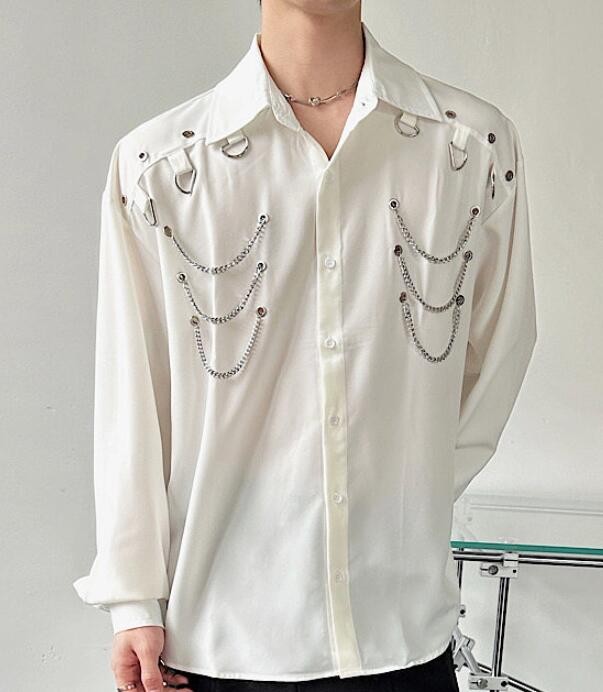 Fashion Men Summer Lapel Long Sleeve Shirt Punk chain decoration Tops Clothing