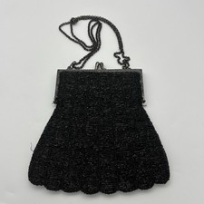 Vintage Black Beaded Evening Bag Purse Scalloped Kiss Lock Chain Strap India
