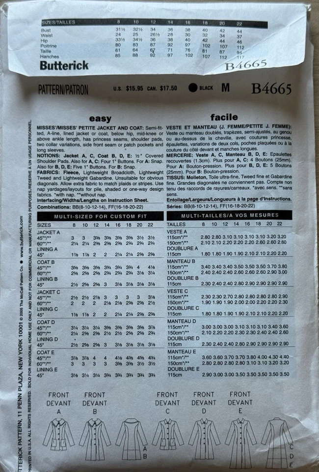 Chaqueta Abrigo Butterick Patrones de Costura B4665 Mujer Ropa Clásica Tallas 8-22 Foto 3 de 4