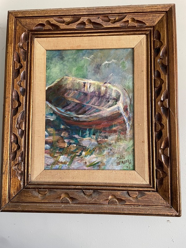 Original oil on canvas painting in ornate wood frame 16"x19" Rowboat
