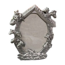 Noah's Ark Pewter Silver Oval Frame Hippo Dolphins Cat Deer Horses Giraffe 7"x5"