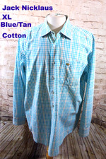 Jack Nicklaus XL Men's Dress Shirt Blue Tan Plaid Cotton Long Sleeve Bear Logo