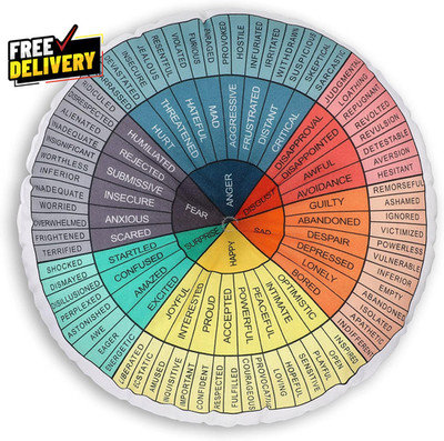 Wheel of Emotions Feelings Pillow Round Floor Cushion Therapy Decor 20x20 Dark 