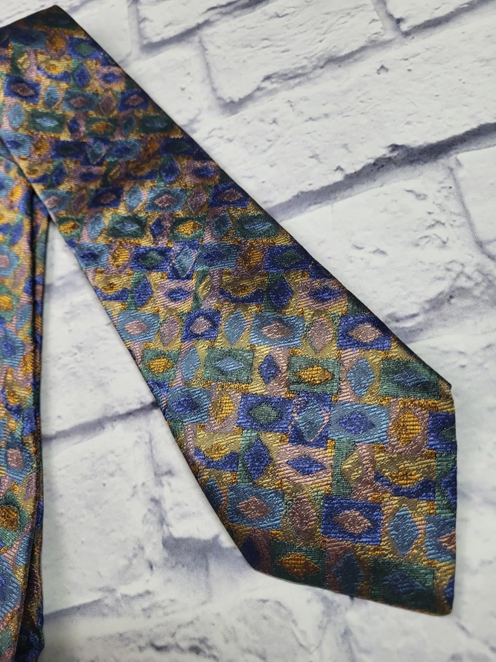 Corbata de seda John W. Nordstrom azul cobre verde geométrica Italia 59 x 3,7/8 Foto 3 de 4