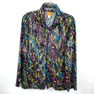 Ruby Rd Woman Size 16 Zip Jacket Multicolor Geometric Shiny Long Sleeve Pockets