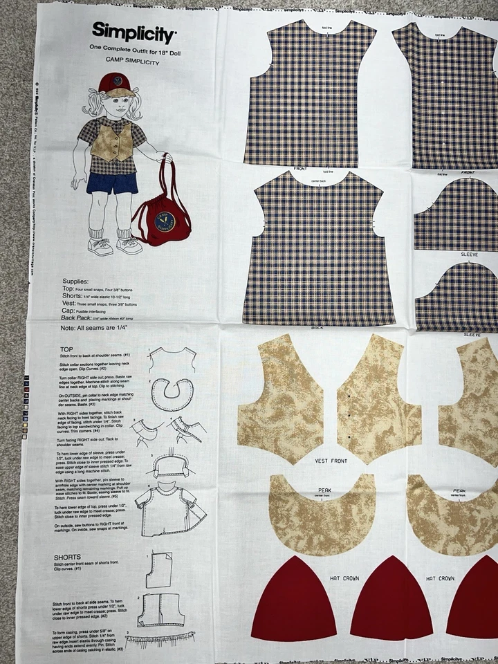 NEW UNCUT 1998 SIMPLICITY COMPLETE OUTFIT FOR 18" DOLL "CAMP SIMPLICITY" PANEL - Image 2 of 4