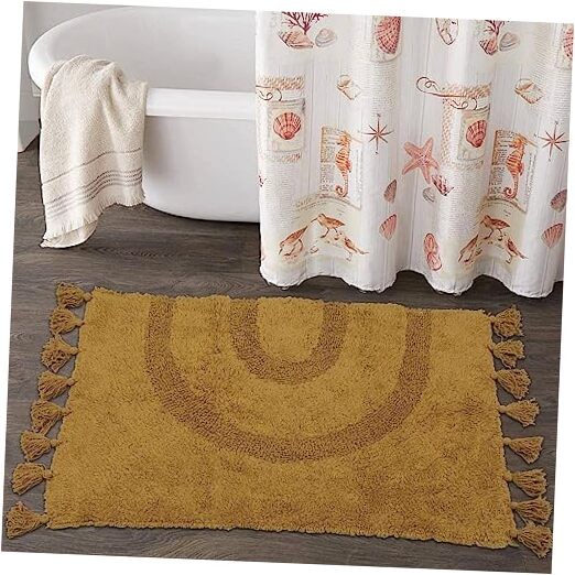 Boho Cotton Bath Mat with Tassels in Mustard Hand Rectangle Design