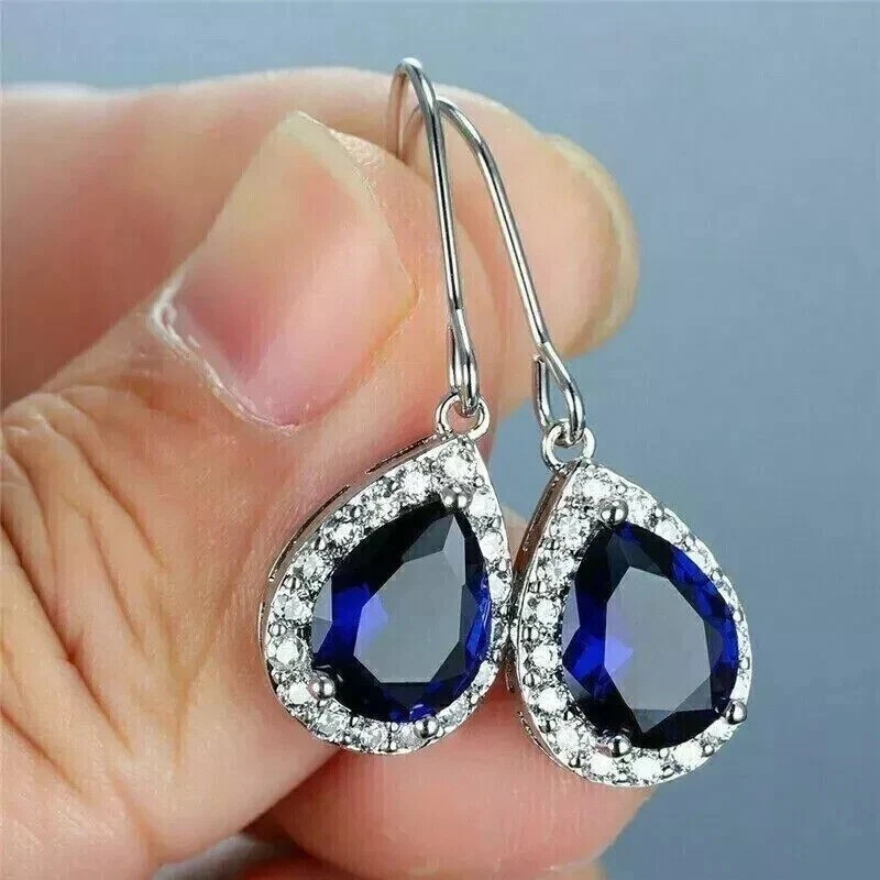2Ct Pear Lab-Created Sapphire Diamond DropDangle Earrings 14K White Gold Plated - Image 3 of 4