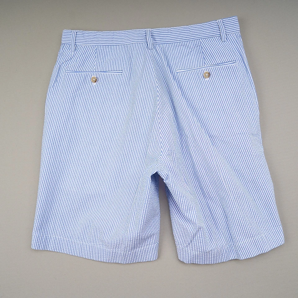 Shorts Polo Ralph Lauren Seersucker 32 listras azuis brancas algodão costura interna 9" - Imagem 3 de 4