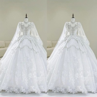 Royal Luxury Wedding Dress Beading Lace Applique High Illusion Neck Bridal Gown