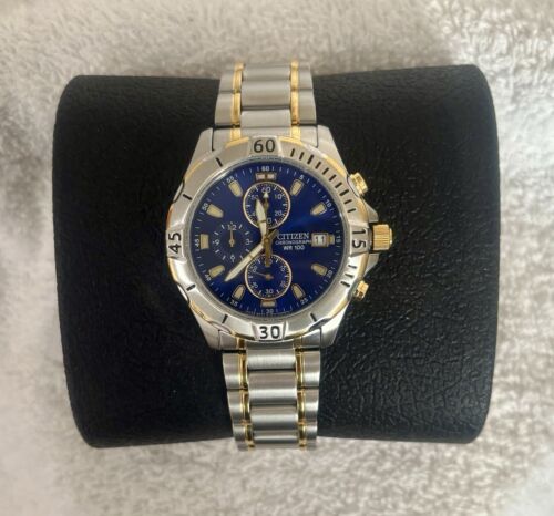 Orologio Citizen Uomo WR-100 Tono Oro e Argento Cronografo Data Quadrante Blu *Nuovo con scatola* - Foto 4 di 4