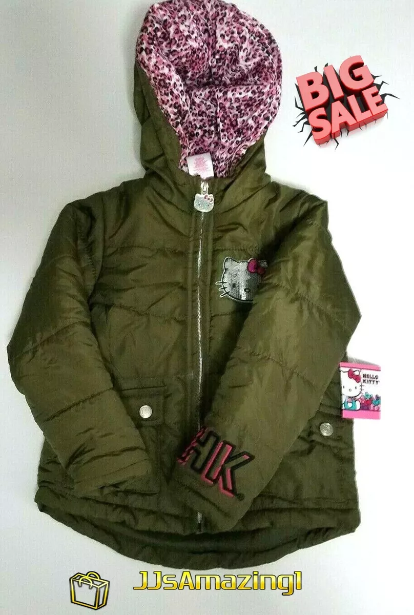 Sanrio Hello Kitty Girls Winter Hooded Coat Army Green Color Size 2 Toddler
